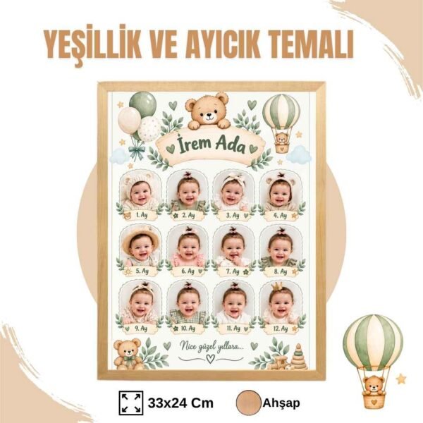 Yeşillik ve Ayıcık Temalı 12 Ay Anı Tablosu Fotoğraflı