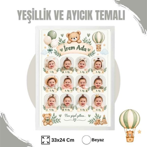 Yeşillik ve Ayıcık Temalı 12 Ay Anı Tablosu Fotoğraflı