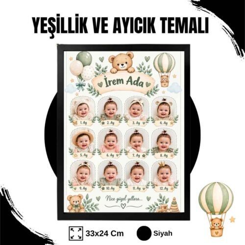 Yeşillik ve Ayıcık Temalı 12 Ay Anı Tablosu Fotoğraflı